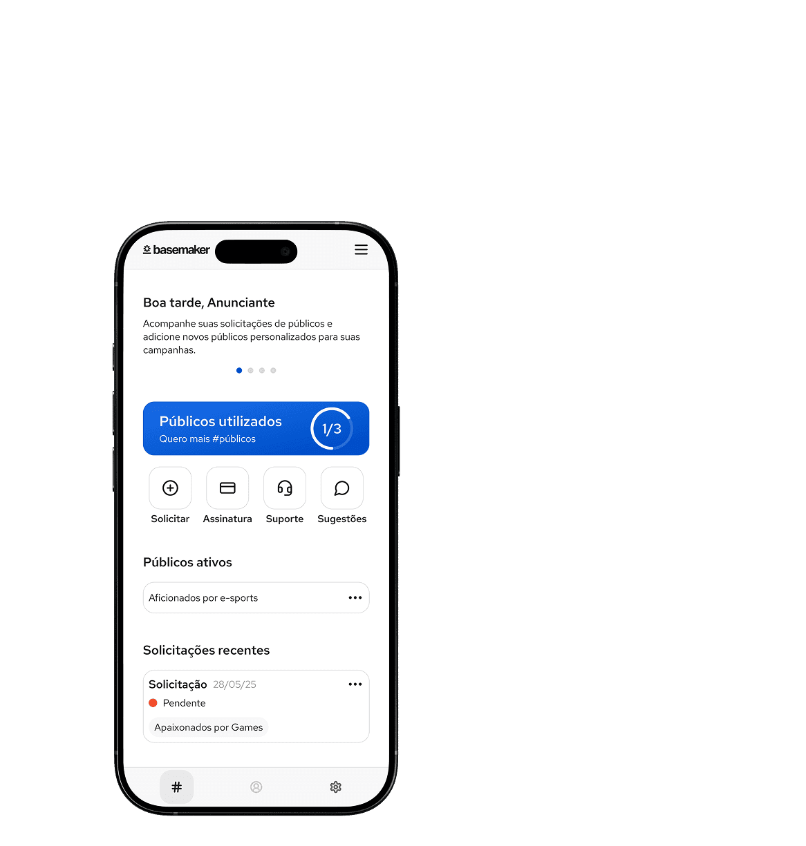 Um iPhone exibindo a tela inicial da aplicação.